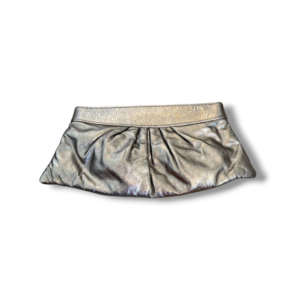 Lauren Merkin Metallic Silver Pleated Leather Zip Clutch Small Evening Party Bag